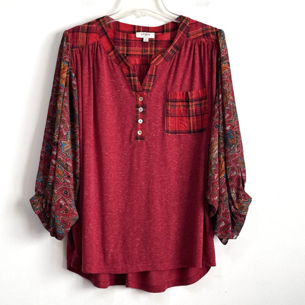 Umgee Top Shirt M Popover Red Henley Boho Balloon 3/4 Sleeve Casual Boho Holiday